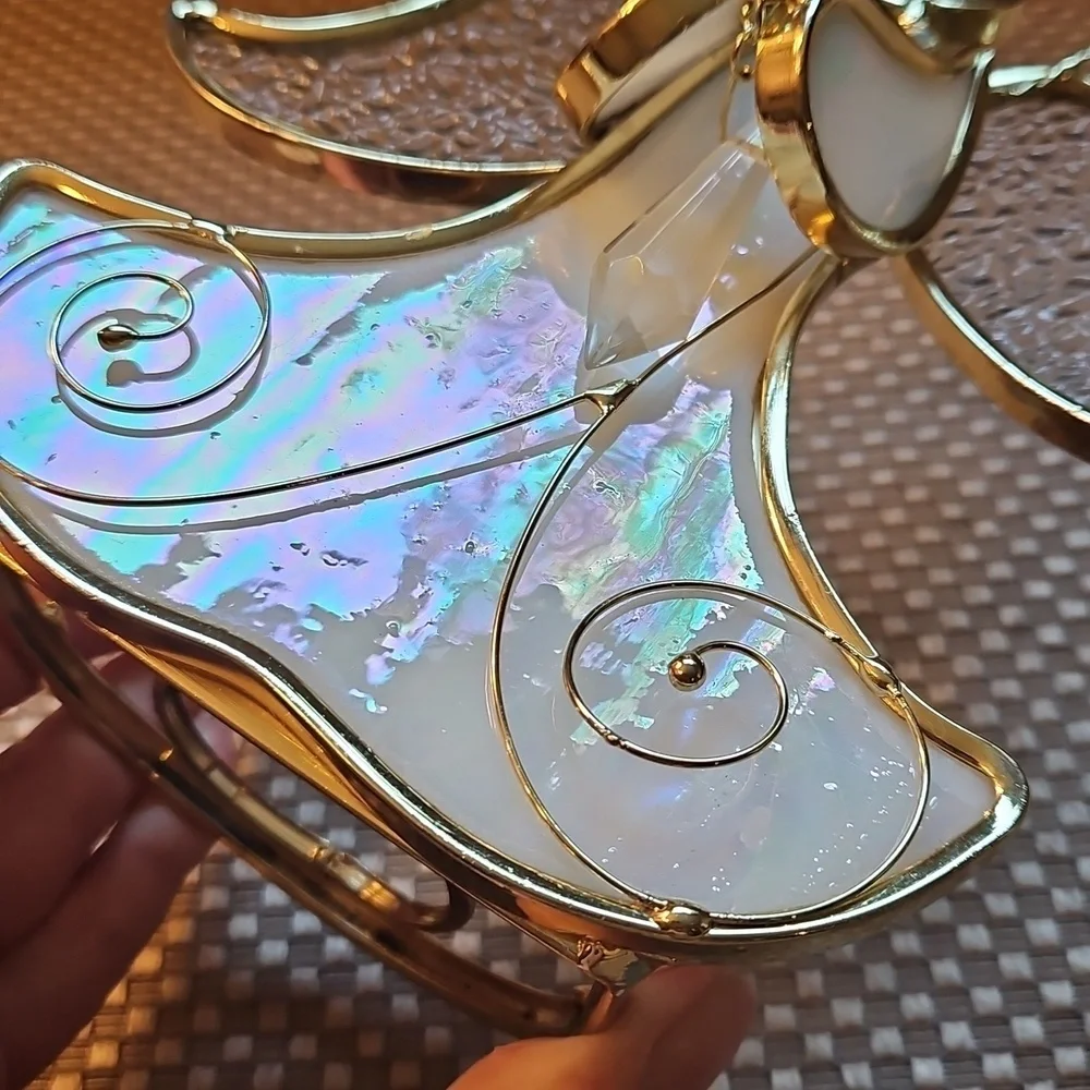 Stained Glass Angle Tealight Holder Large Irrodecent Gold Frame Crystal - Flawed
